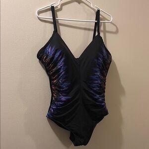 Miraclesuit Black One-Piece Swimsuit with Colorful Feather Design - size 14